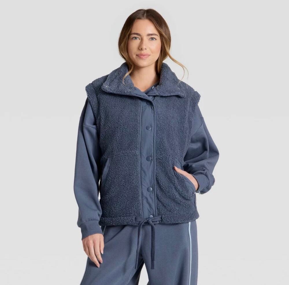 JoyLab High Pile Vest Women's XXL Blue Sherpa Fleece Snap Jacket Gorpcore NWOT